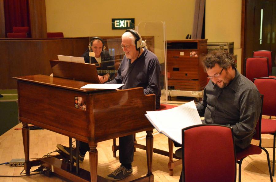 Guy Pratt (bass), Jon Lord, Paul Mann during the Liverpool recording sessions. Photo: Mick Gregory