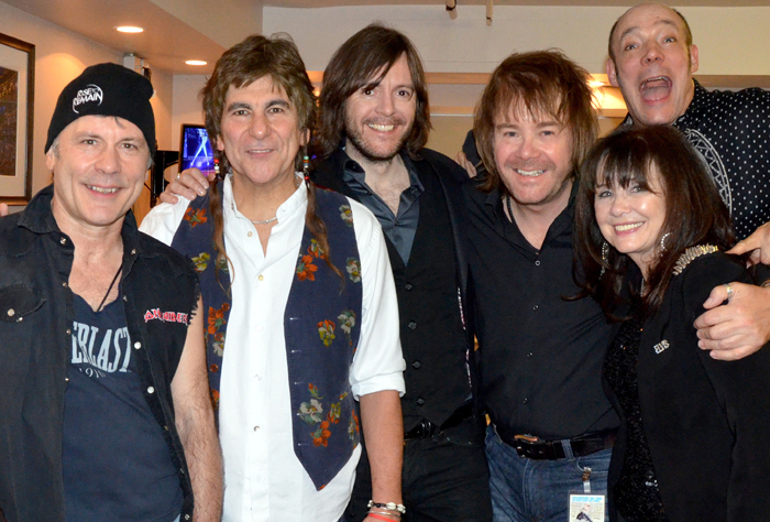 Backstage friends: Bruce Dickinson, Mario Argandoña, Steve Balsamo, Nigel Hopkins, Margo Buchanan, Wix Wickens. Photo courtesy of Nigel Hopkins.