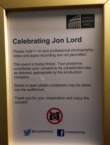 Notice informing Royal Albert Hall concert goers of the filming. Photo: Rasmus Heide